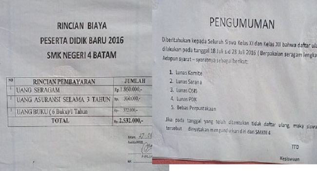 Inilah daftar syarat dan biaya daftar di SMKN 4 Tiban . foto / as . (www.potretkepri.com)